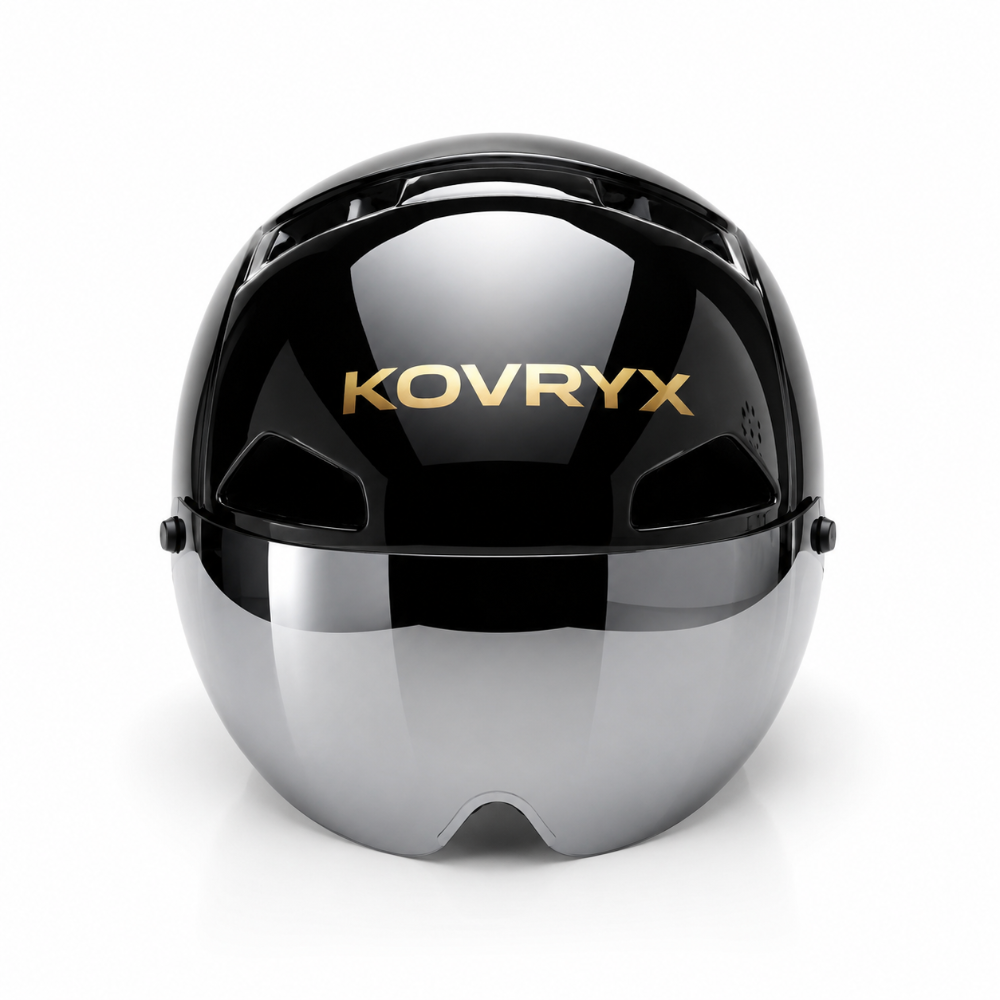 Casque KOVRYX Urban Safety Helmet noir brillant à visière fumée, vue trois-quarts