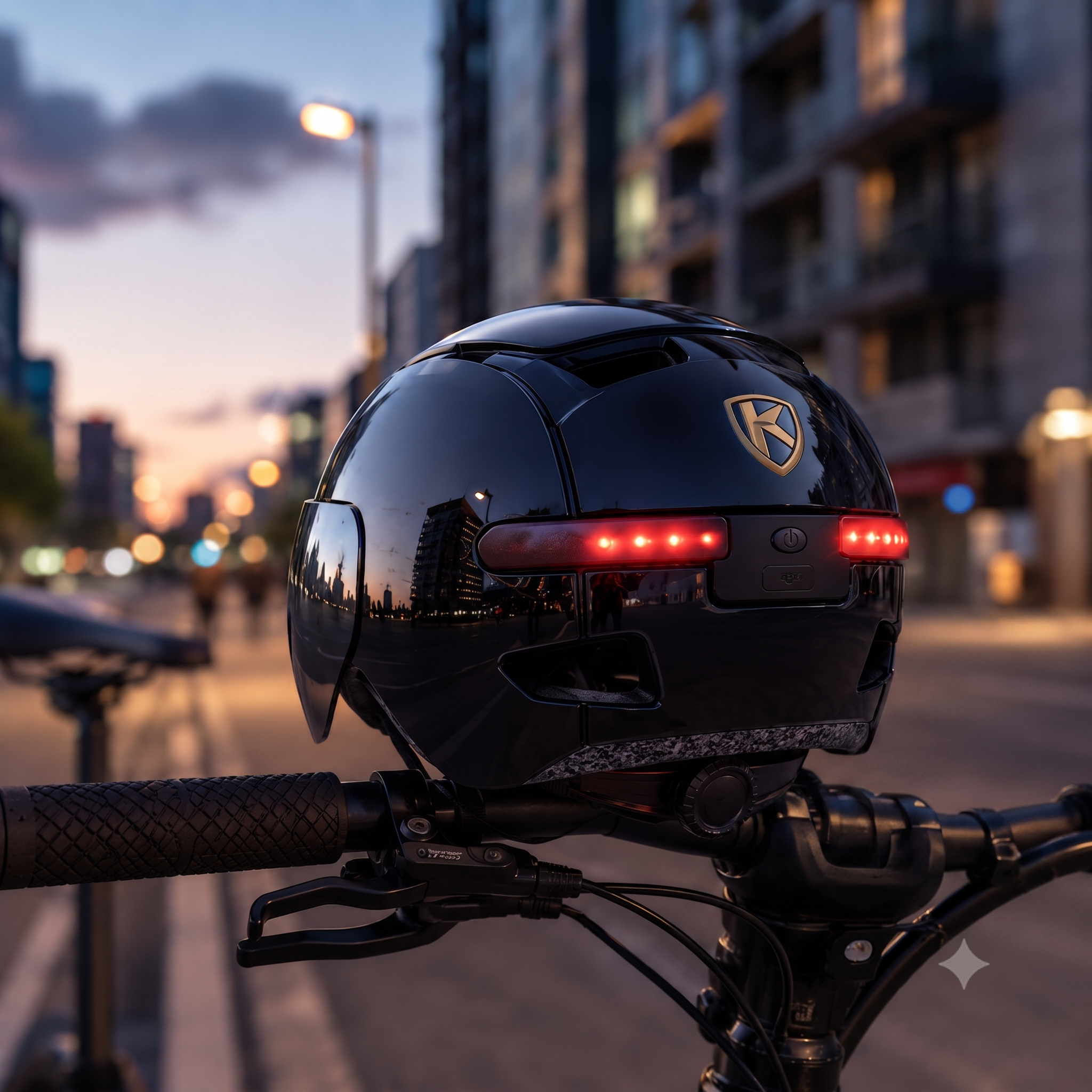 Casque KOVRYX noir a feux LED rouges, monte sur un velo dans une rue urbaine au crepuscule